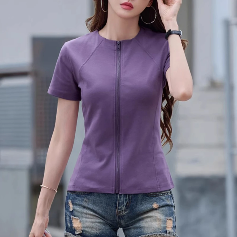 Korean version purple short sleeved zipper cardigan women's summer new high-end cotton round neck fashionable plus size casual t
Korean version purple short sleeved zipper cardigan women's summer new high-end cotton round neck fashionable plus size casual t