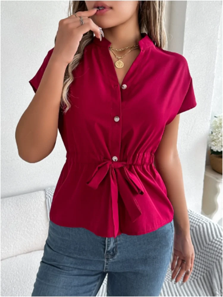 GELITAYIN Lapel Solid Color Short Sleeved Button Lace Up Women's T-shirt High Street Fashion Elegant Commuting Style Summer Top
GELITAYIN Lapel Solid Color Short Sleeved Button Lace Up Women's T-shirt High Street Fashion Elegant Commuting Style Summer Top