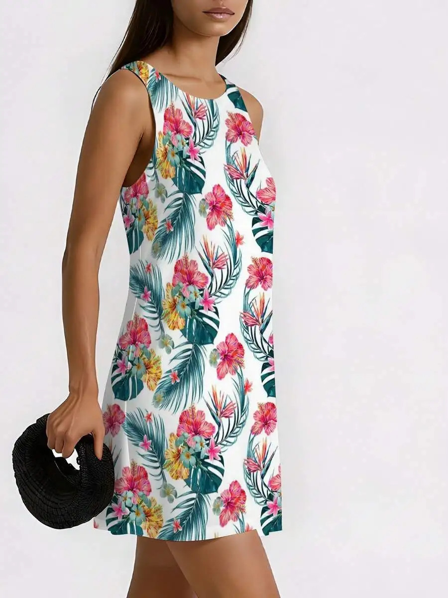 Womens Sleeveless Round Neck Mini Dress With Tropical Floral Print Casual Boho Style
Womens Sleeveless Round Neck Mini Dress With Tropical Floral Print Casual Boho Style