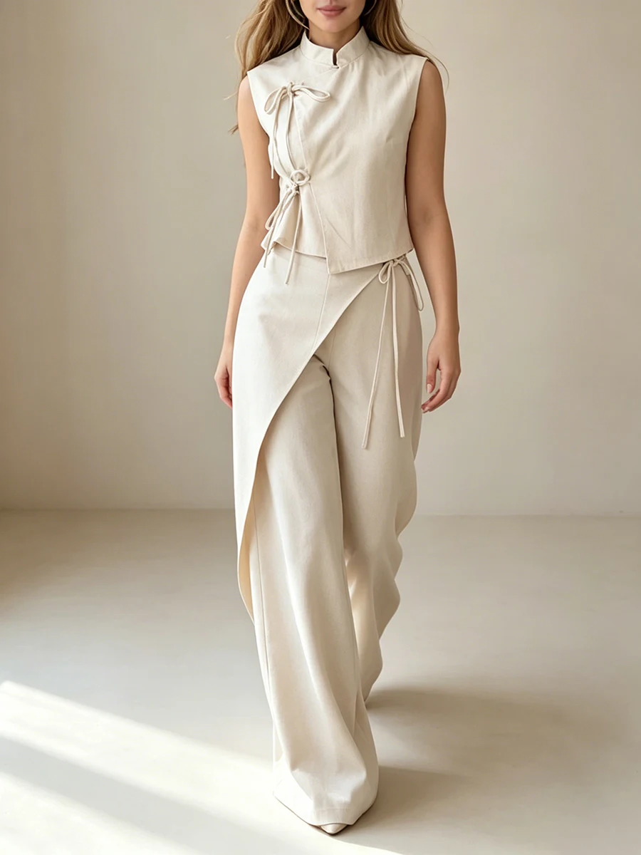 2026 Women Chinese Knot Sleeveless Vest & Wrap Wide Leg Pants 2 Piece Linen Outfit
2026 Women Chinese Knot Sleeveless Vest & Wrap Wide Leg Pants 2 Piece Linen Outfit