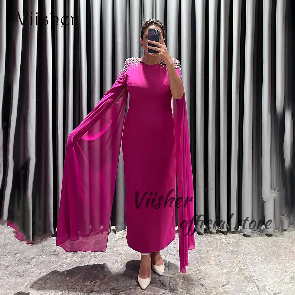 Viisher Hot Pink Satin Evening Dresses Pearls Beads Cape Sleeve Mermaid Formal Prom Dress Ankle Length Dubai Formal Gowns
Viisher Hot Pink Satin Evening Dresses Pearls Beads Cape Sleeve Mermaid Formal Prom Dress Ankle Length Dubai Formal Gowns