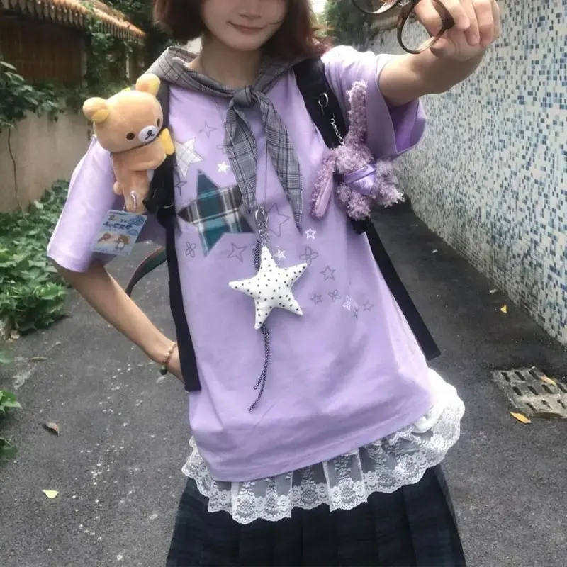 Purple American Plaid Star Printed T-shirts Women's Clothing Short Sleeve Summer Y2K Harajuku Loose Casual Round Neck Pullovers
Purple American Plaid Star Printed T-shirts Women's Clothing Short Sleeve Summer Y2K Harajuku Loose Casual Round Neck Pullovers