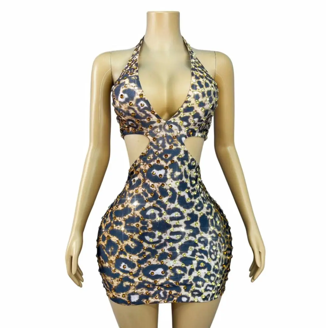 Weibobao Womens Luxury Leopard Print Rhinestone Sheer Mesh Halter Neck Cutout Bodycon Mini Dress Party Club Stage Outfit
Weibobao Womens Luxury Leopard Print Rhinestone Sheer Mesh Halter Neck Cutout Bodycon Mini Dress Party Club Stage Outfit
