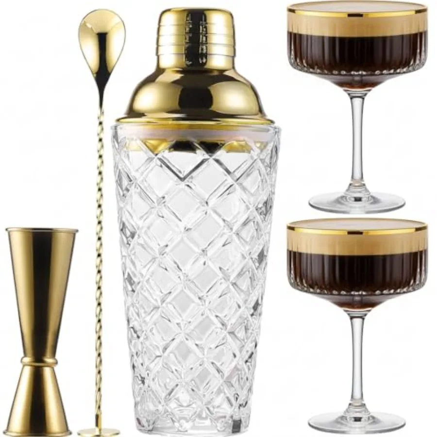 Cocktail Coupe Glasses 5-Piece Gift Includes Pineapple Glass Gold Lid Jigger Bar Spoon and 2 Ribbed Gold-Rimmed Glasses Bartend
Cocktail Coupe Glasses 5-Piece Gift Includes Pineapple Glass Gold Lid Jigger Bar Spoon and 2 Ribbed Gold-Rimmed Glasses Bartend