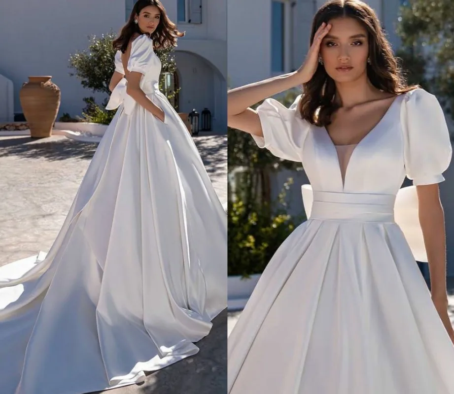 White Satin Wedding Dresses 2025 Short Sleeves Puff Backless A-line Bridal Gowns For Women Robe De Marie Vestidos Noiva
White Satin Wedding Dresses 2025 Short Sleeves Puff Backless A-line Bridal Gowns For Women Robe De Marie Vestidos Noiva