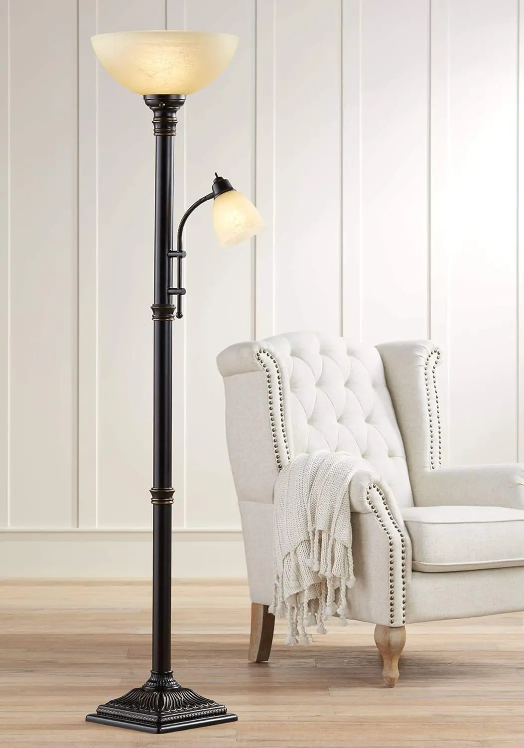 Garver Traditional Torchiere Floor Lamp 2-Light Adjustable Gooseneck Arm 72.5" Tall Oiled Rubbed Bronze Amber Glass
Garver Traditional Torchiere Floor Lamp 2-Light Adjustable Gooseneck Arm 72.5" Tall Oiled Rubbed Bronze Amber Glass