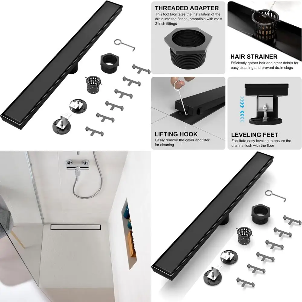 24 Rectangular Shower Drain with Reversible Tile Insert, 304 Stainless Steel, Hair Catcher, Leveling Feet - Matte Black
24 Rectangular Shower Drain with Reversible Tile Insert, 304 Stainless Steel, Hair Catcher, Leveling Feet - Matte Black