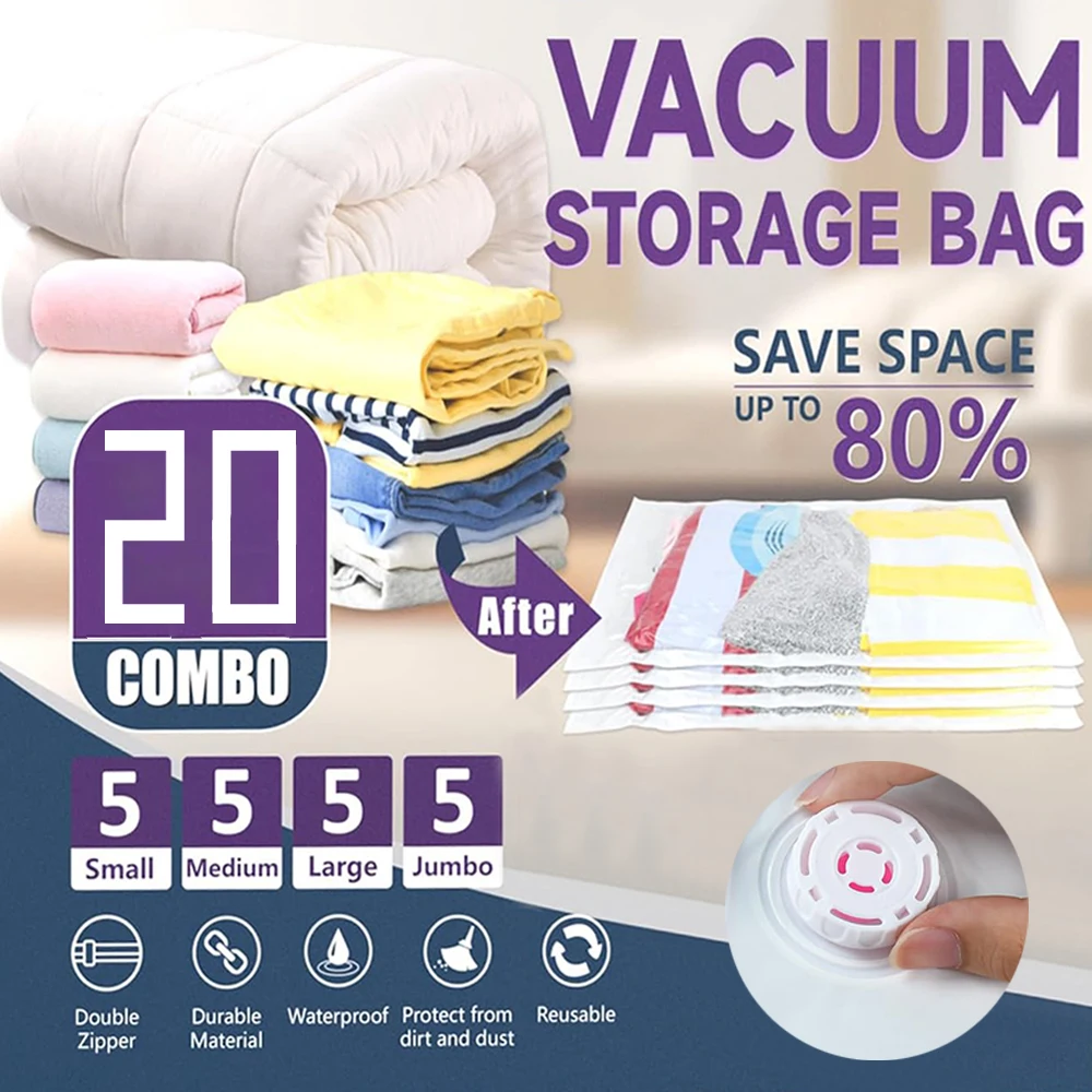 Vacuum Seal Bags for Clothing Upgraded Thickened 20 Pack Vacuum Storage Bags Space Bags Vacuum Sealed for ClothesTravel Luggage
Vacuum Seal Bags for Clothing Upgraded Thickened 20 Pack Vacuum Storage Bags Space Bags Vacuum Sealed for ClothesTravel Luggage
