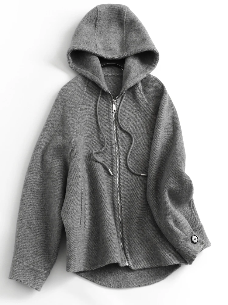 Double-Sided Cashmere Hooded Zipper Shirt Grey Loose Long Sleeve Women's Coat Woolen Outerwear Korean Style Straight Cut
Double-Sided Cashmere Hooded Zipper Shirt Grey Loose Long Sleeve Women's Coat Woolen Outerwear Korean Style Straight Cut