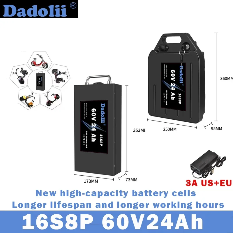 New 16S8P 60V 24Ah waterproof lithium battery suitable for 250W-2500W Harley two wheel folding Citycoco electric scooter
New 16S8P 60V 24Ah waterproof lithium battery suitable for 250W-2500W Harley two wheel folding Citycoco electric scooter