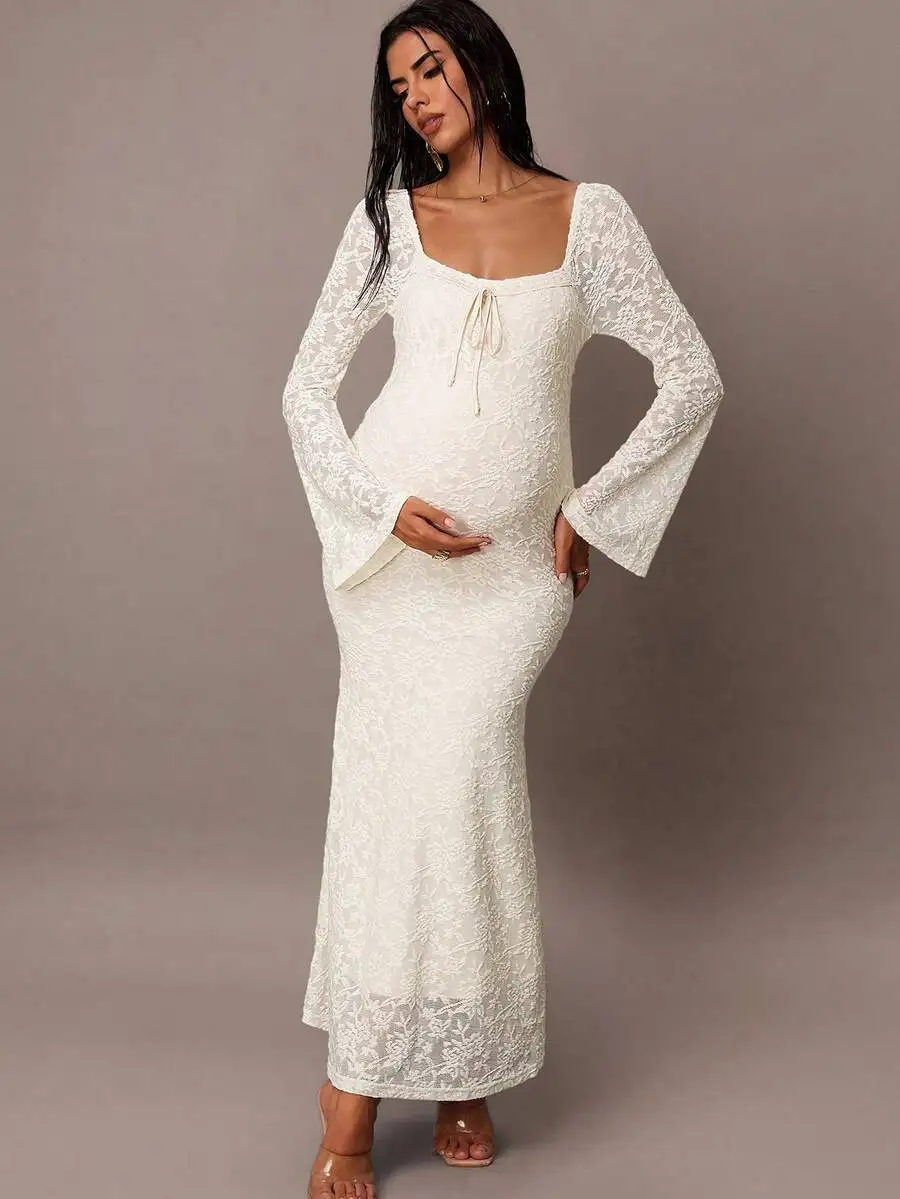 Elegant Maternity Lace Dress With Bell Sleeves Square Neck Long Maxi Dress
Elegant Maternity Lace Dress With Bell Sleeves Square Neck Long Maxi Dress