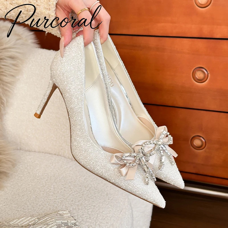 Purcoral Silver Glitter Rhinestone Bow Heels for Women 2026 New Pointed Toe Stiletto Pumps Bridal Wedding Shoes
Purcoral Silver Glitter Rhinestone Bow Heels for Women 2026 New Pointed Toe Stiletto Pumps Bridal Wedding Shoes