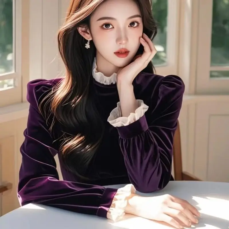 Spring Fall Women Ruffled Flare Sleeve Purple Velvet Top Shirt , Woman Autumn Clothing Vintage French Style Velour Tops Shirts
Spring Fall Women Ruffled Flare Sleeve Purple Velvet Top Shirt , Woman Autumn Clothing Vintage French Style Velour Tops Shirts