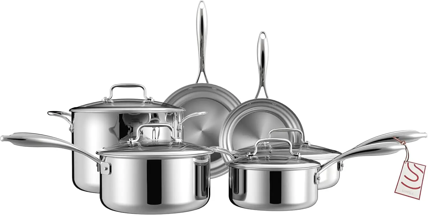 Stackable Stainless Steel Pots and Pans Cookware Set for Home Cooking - Silver, TriPly Encapsulated Base, Induction Safe
Stackable Stainless Steel Pots and Pans Cookware Set for Home Cooking - Silver, TriPly Encapsulated Base, Induction Safe