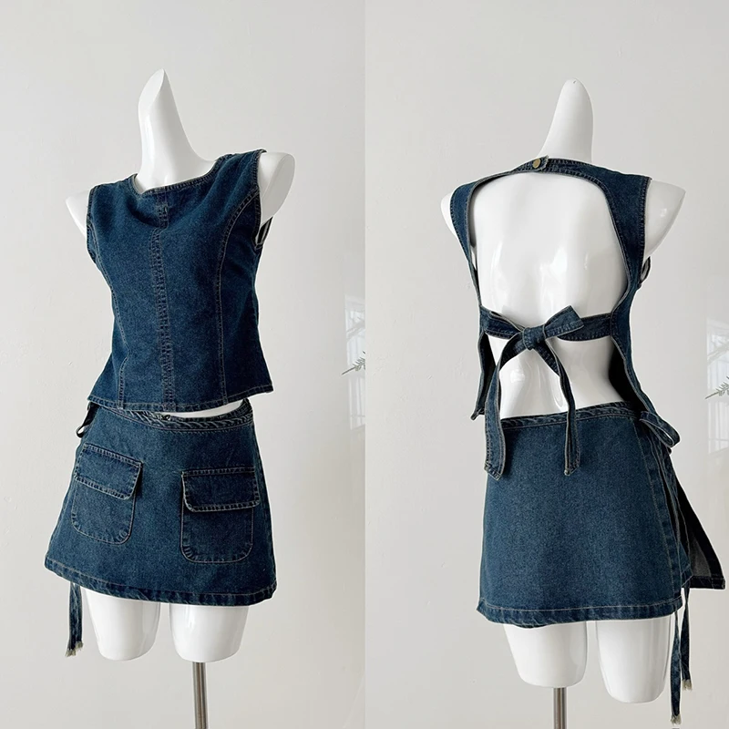 Three-piece Denim Skirts Sets Women Backless Lace-up Vest & Zipper Shorts & Bandage Wrapped Skirts Summer 2026 New Women Outfits
Three-piece Denim Skirts Sets Women Backless Lace-up Vest & Zipper Shorts & Bandage Wrapped Skirts Summer 2026 New Women Outfits