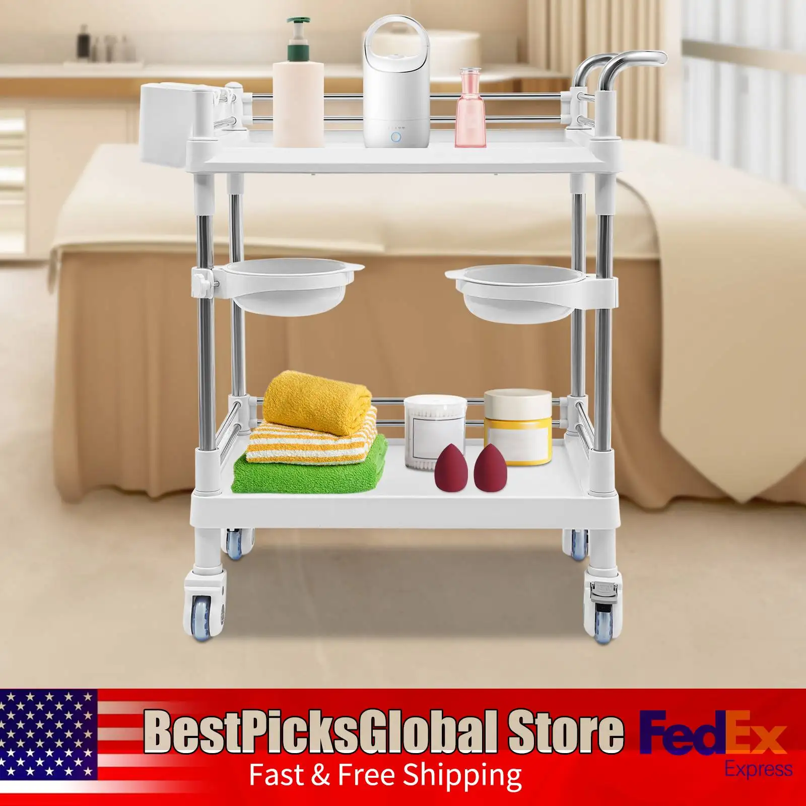 2 Tiers Mobile Utility Storage Cart with Basins&Kegs 220lbs Load Medical Trolley Cart for Beauty Salon, Hospital, Clinic, Home
2 Tiers Mobile Utility Storage Cart with Basins&Kegs 220lbs Load Medical Trolley Cart for Beauty Salon, Hospital, Clinic, Home