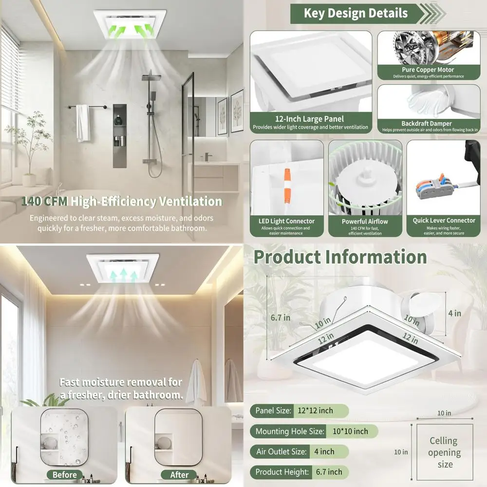 Quiet 140 CM Sone Bathroom Exhaust Fan with Light, 12x12 Panel, 10x10 Ceiling, 4 Duct, 6500K LED, Separate Controls
Quiet 140 CM Sone Bathroom Exhaust Fan with Light, 12x12 Panel, 10x10 Ceiling, 4 Duct, 6500K LED, Separate Controls