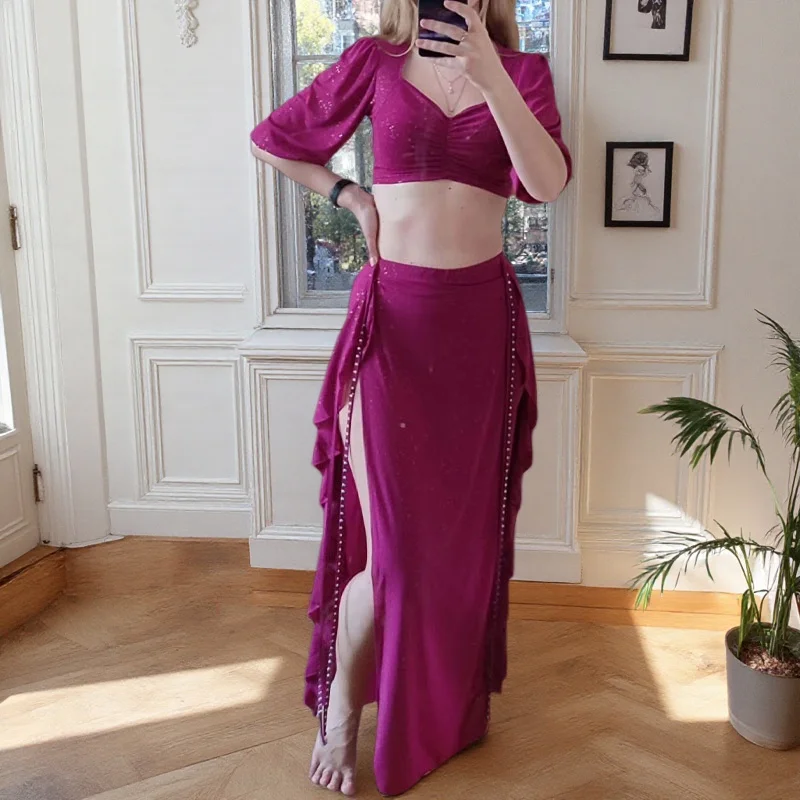 Belly Dance Suit Mesh Top Short Sleeves Split Skirt Practice Clothing Female Elegant Oriental Dance Performance Competition Wear
Belly Dance Suit Mesh Top Short Sleeves Split Skirt Practice Clothing Female Elegant Oriental Dance Performance Competition Wear