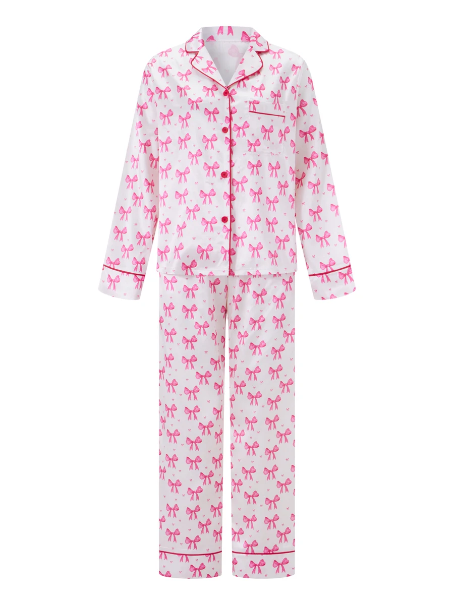 Women s 2 Piece Lounge Set Long Sleeve Lapel Bow Print Shirt Pants Sleepwear Sets
Women s 2 Piece Lounge Set Long Sleeve Lapel Bow Print Shirt Pants Sleepwear Sets