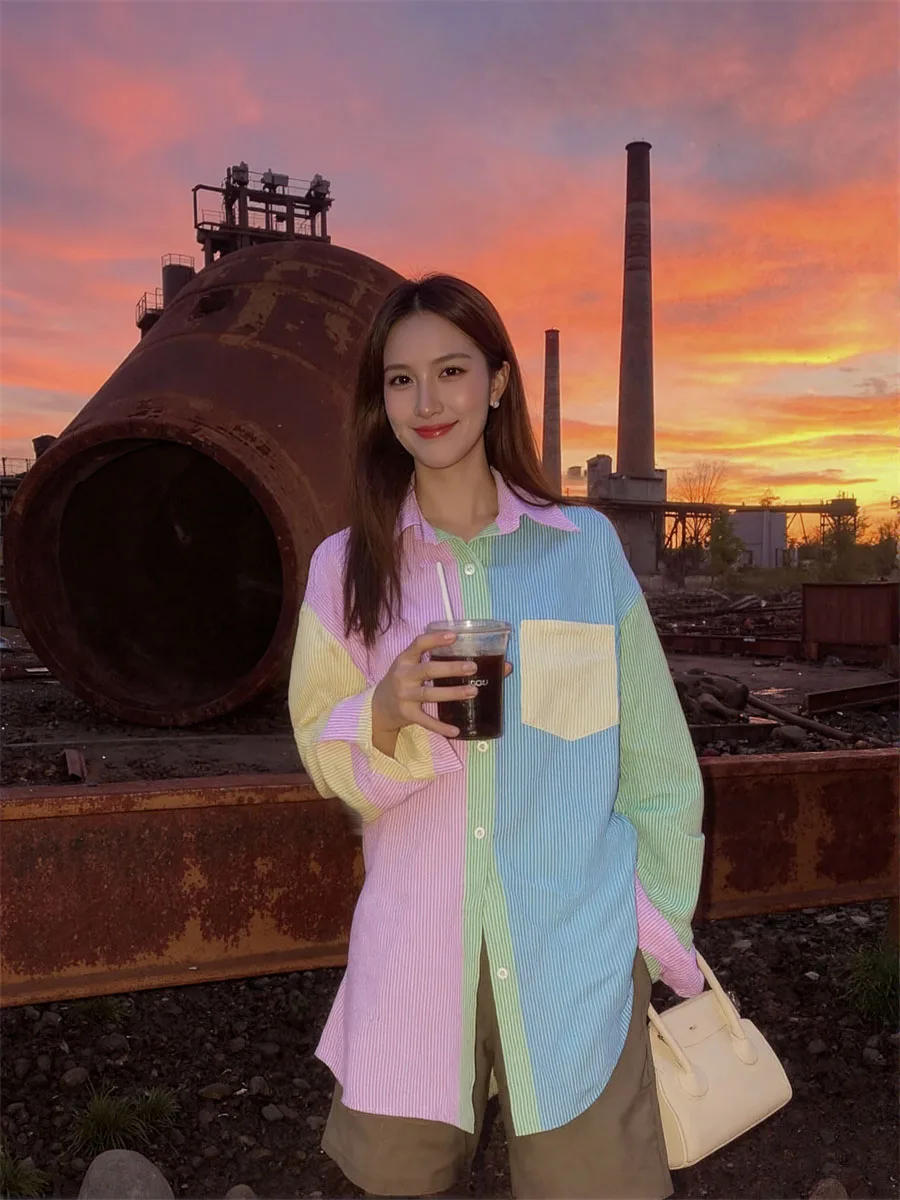 Candy Color Lightweight Shirt for Women with Striped Design and Patchwork Long Sleeves Ideal for Korean Streetwear or Daily Wear
Candy Color Lightweight Shirt for Women with Striped Design and Patchwork Long Sleeves Ideal for Korean Streetwear or Daily Wear