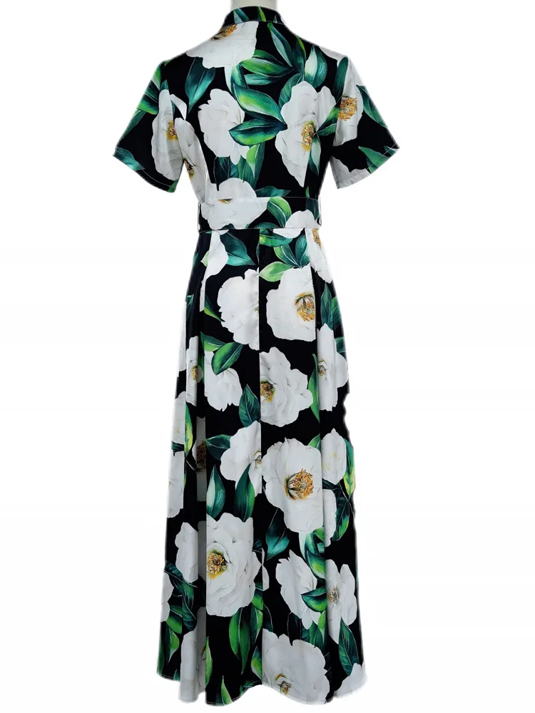 2025 Summer Long Dress High Quality Chiffon Women Green Leaves White Flower Print Belt Deco Short Sleeve Beach Long Maxi Dress
2025 Summer Long Dress High Quality Chiffon Women Green Leaves White Flower Print Belt Deco Short Sleeve Beach Long Maxi Dress