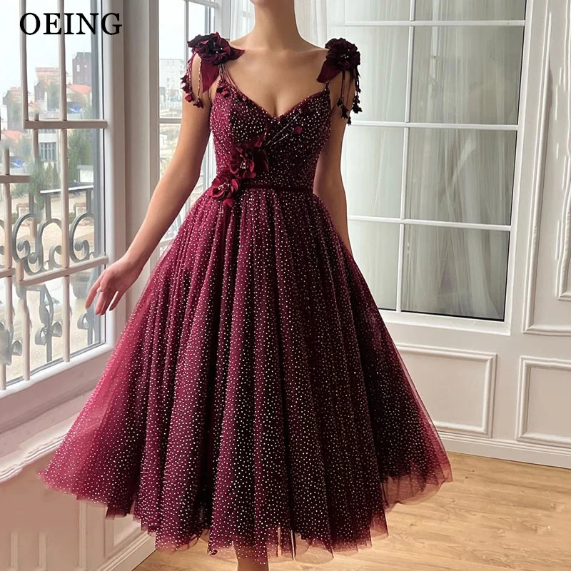 OEING A-Line Burgundy Flowers Prom Dresses Sleeveless Party Gowns Pleats Sweetheart Tea-Length Soft Tulle Dress Customized
OEING A-Line Burgundy Flowers Prom Dresses Sleeveless Party Gowns Pleats Sweetheart Tea-Length Soft Tulle Dress Customized