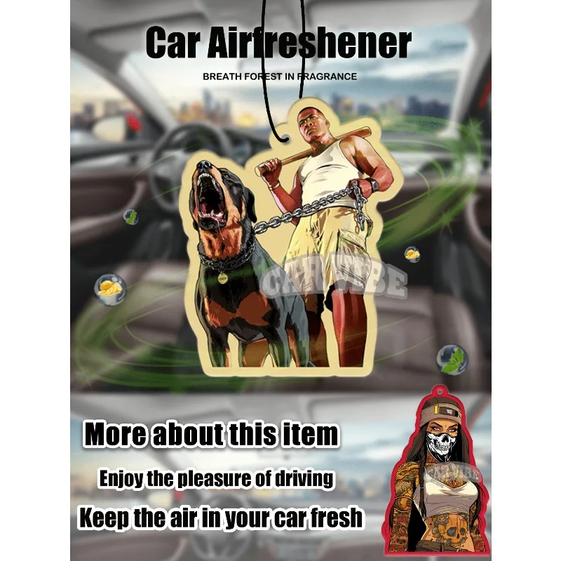 GTA street-style gangster car freshener pendant — anime/cartoon look, fits mirror or vent. Fun decor for car, home, or office.
GTA street-style gangster car freshener pendant — anime/cartoon look, fits mirror or vent. Fun decor for car, home, or office.
