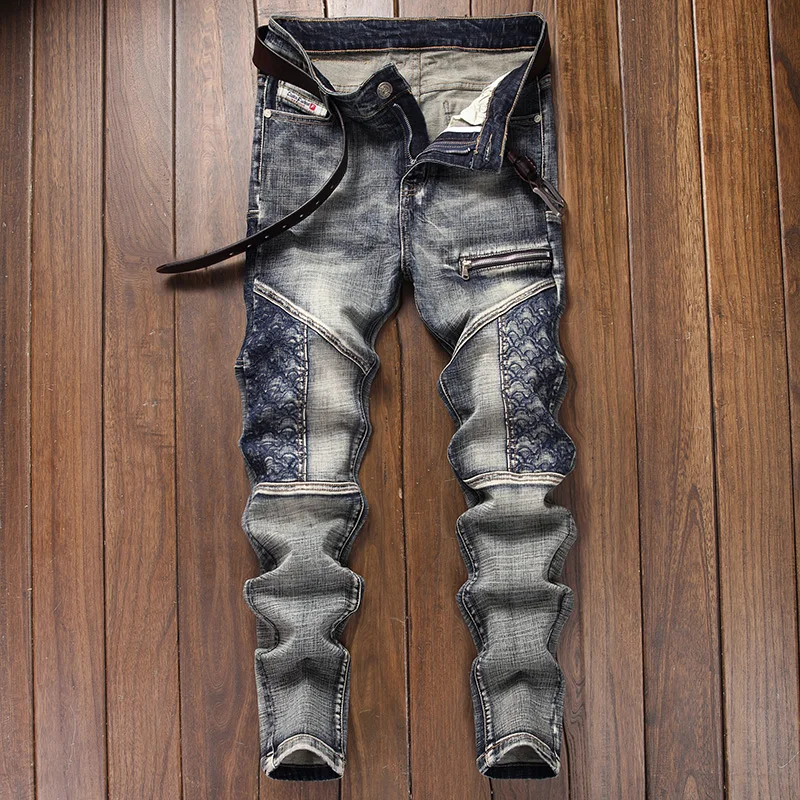 Autumn New Vintage-style Distressed Motorcycle Jeans for Men, Trendy Brand, Embroidered Splicing, Slim-fitting, Tapered Legs
Autumn New Vintage-style Distressed Motorcycle Jeans for Men, Trendy Brand, Embroidered Splicing, Slim-fitting, Tapered Legs