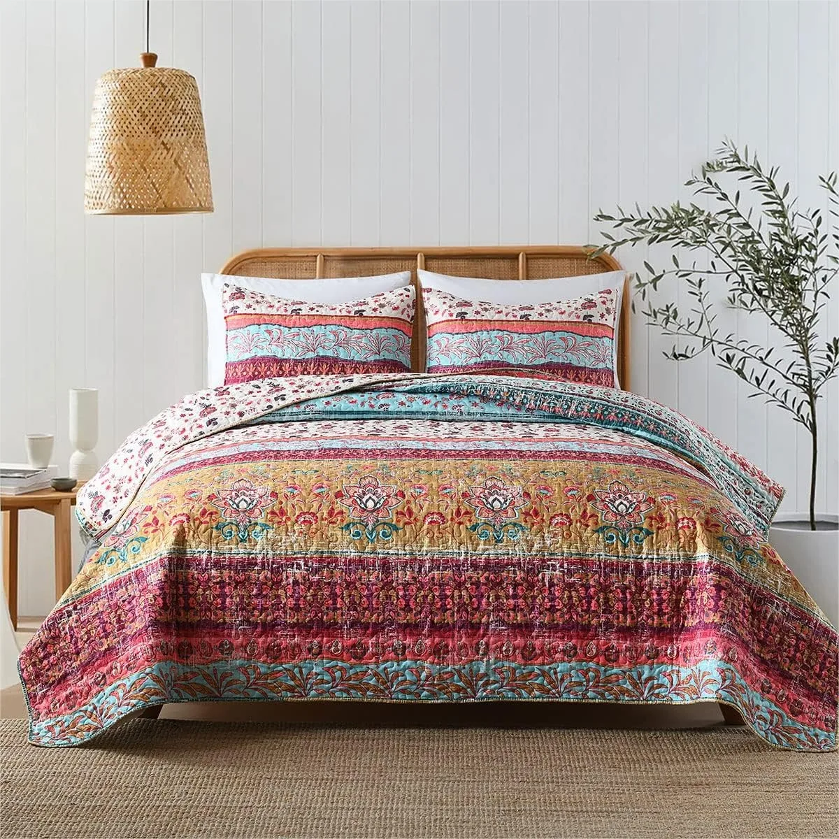 Twin Size Quilt Set Reversible Bohemian Floral Strip Bedspread with Pillow Sham, Soft Lightweight All Season Coverlet 2 Pieces
Twin Size Quilt Set Reversible Bohemian Floral Strip Bedspread with Pillow Sham, Soft Lightweight All Season Coverlet 2 Pieces