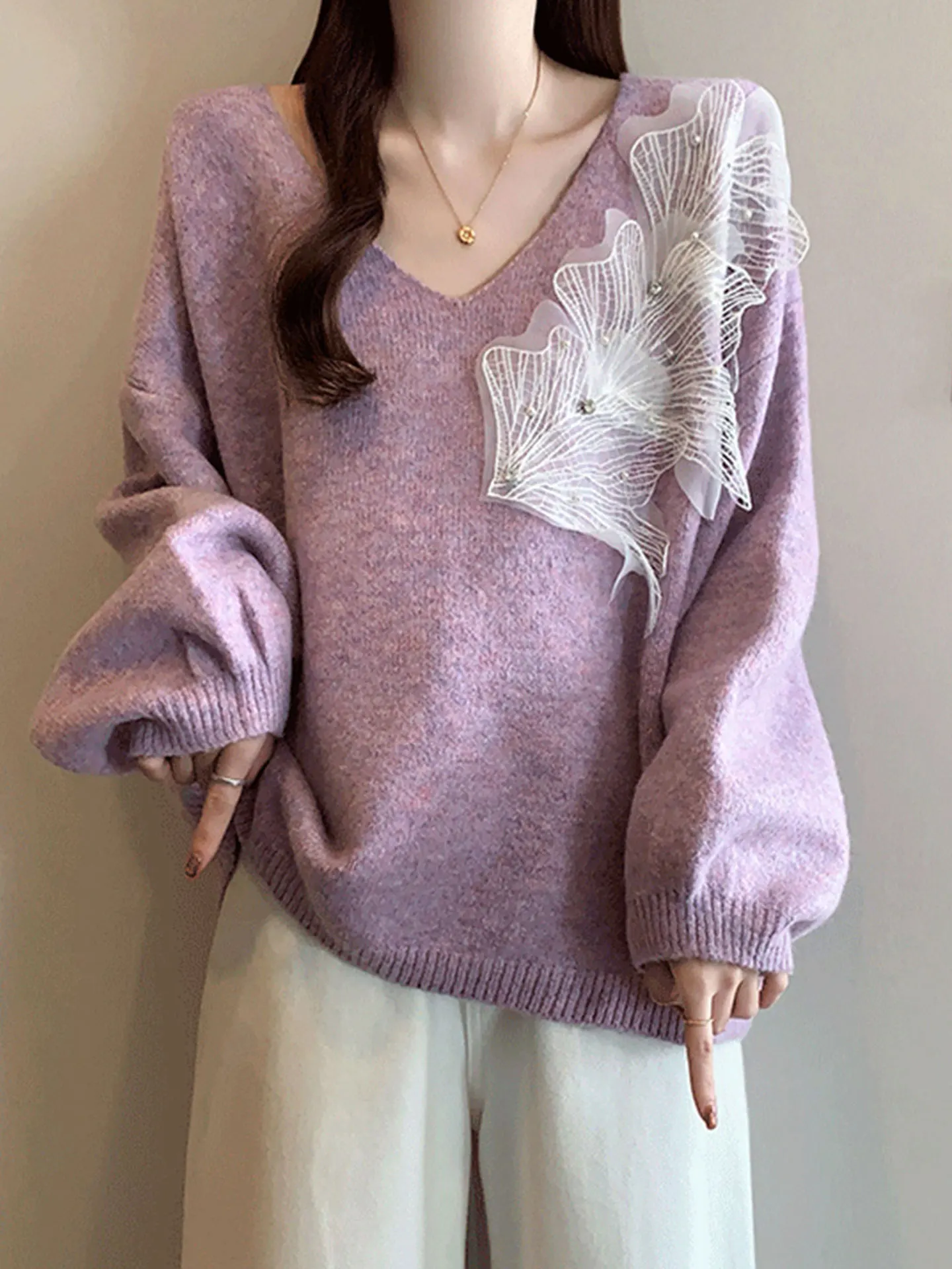 Purple 3D Flower V-Ne oulder-Length Knitted Sweater Women's Autumn Winter plus Size Faionable Youthful Top
Purple 3D Flower V-Ne oulder-Length Knitted Sweater Women's Autumn Winter plus Size Faionable Youthful Top