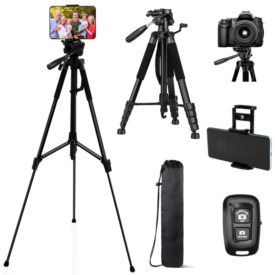 63" Tripod Stand, Camera Tripod with Travel Bag, Extendable Cell Phone Tripod Stand with Wireless Remote and Phone Holder, Comp
63" Tripod Stand, Camera Tripod with Travel Bag, Extendable Cell Phone Tripod Stand with Wireless Remote and Phone Holder, Comp