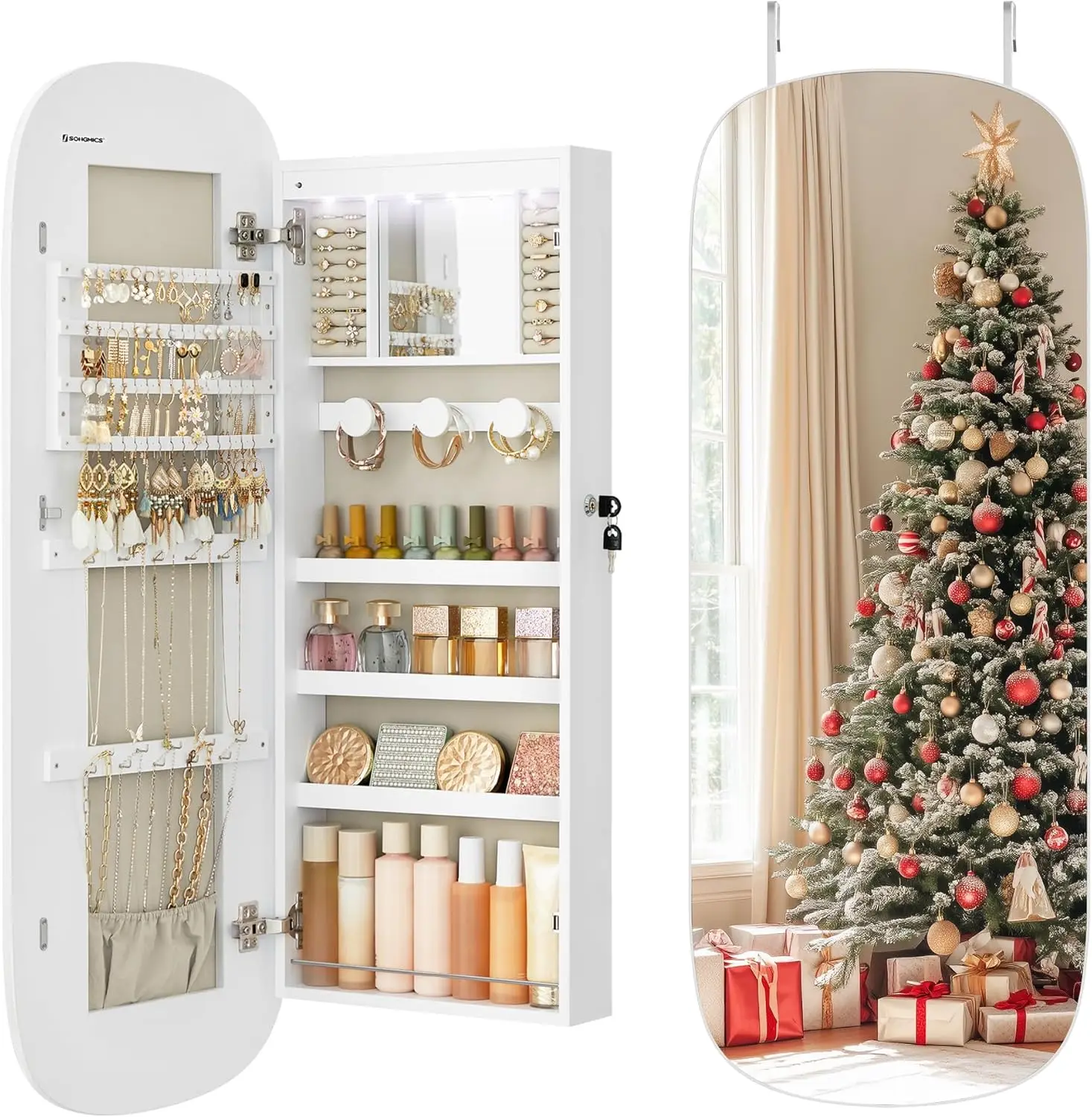 LED Jewelry Cabinet with Lockable Mirror, Wall/Door Mounted Storage Organizer, White Surface Greige Lining, Christmas Gift Idea
LED Jewelry Cabinet with Lockable Mirror, Wall/Door Mounted Storage Organizer, White Surface Greige Lining, Christmas Gift Idea