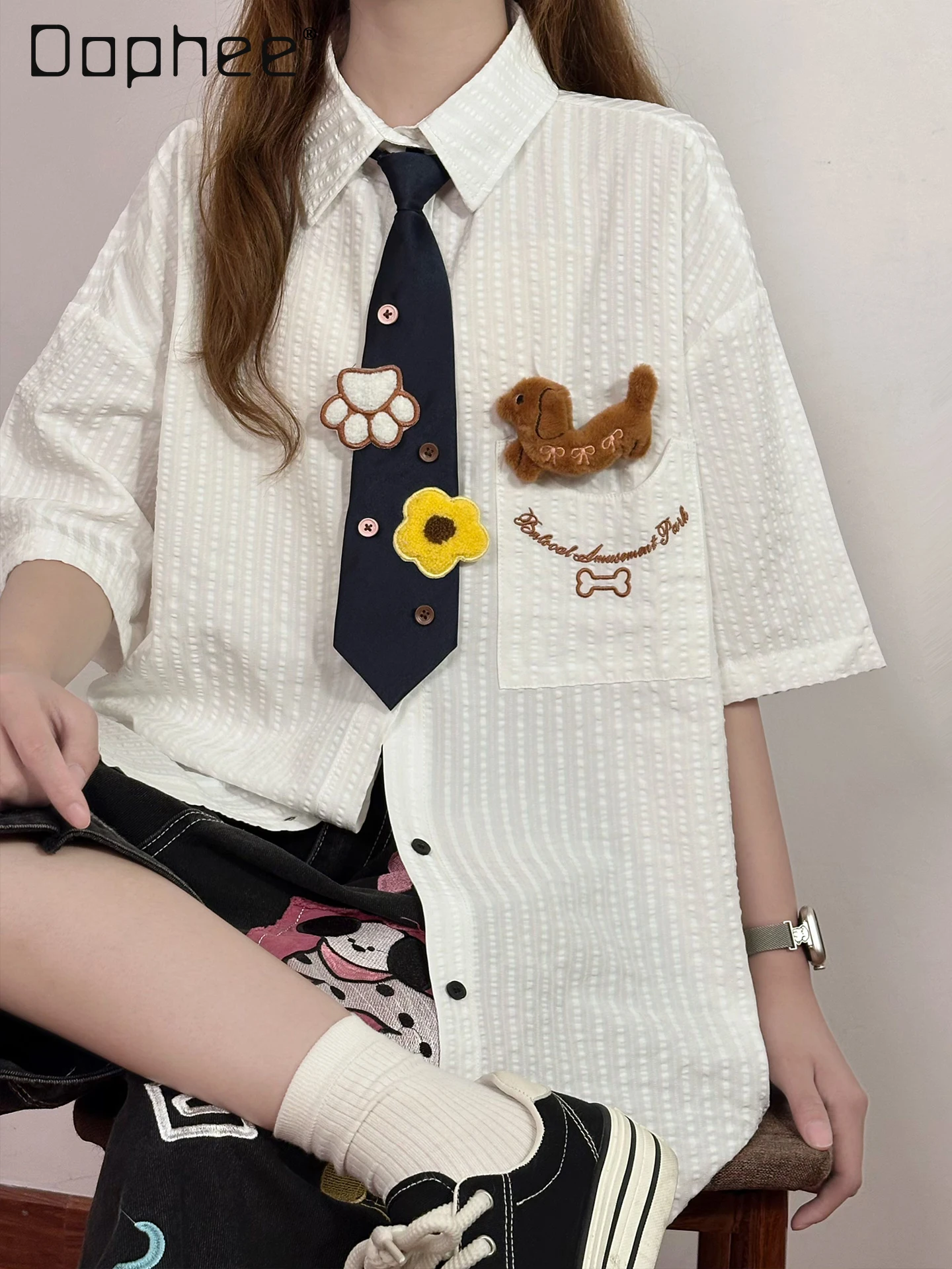 Summer Loose Single-breasted Japanese Textured Striped Short Sleeve Shirt Thin Women's Loose College Top White Shirt Free Tie
Summer Loose Single-breasted Japanese Textured Striped Short Sleeve Shirt Thin Women's Loose College Top White Shirt Free Tie