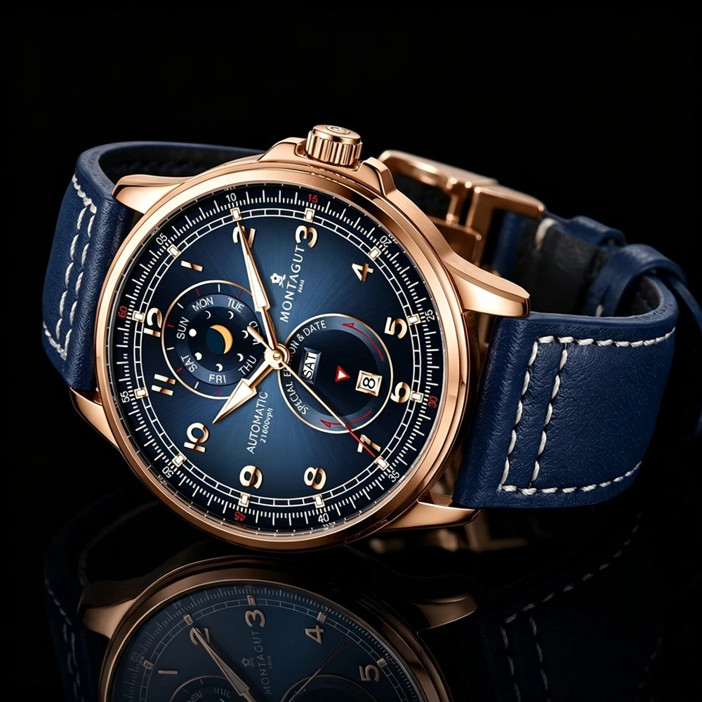 Automatic Mechanical Watch Men Leather Strap Moon Phase Calendar Week Display Luminous Waterproof Wristwatch for Male Luxury
Automatic Mechanical Watch Men Leather Strap Moon Phase Calendar Week Display Luminous Waterproof Wristwatch for Male Luxury