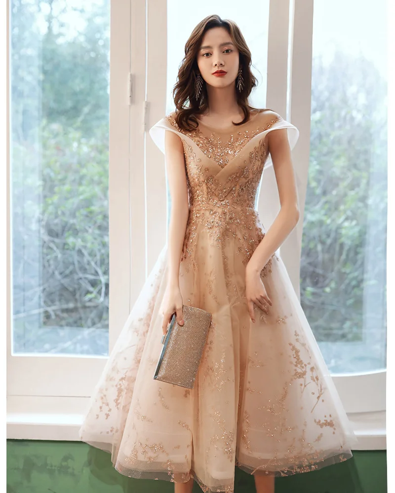 Champagne Colored Evening Dress for Women in French Court Style Embroidered Sequin Dress, Open Back Strap One Line Collar Dress
Champagne Colored Evening Dress for Women in French Court Style Embroidered Sequin Dress, Open Back Strap One Line Collar Dress