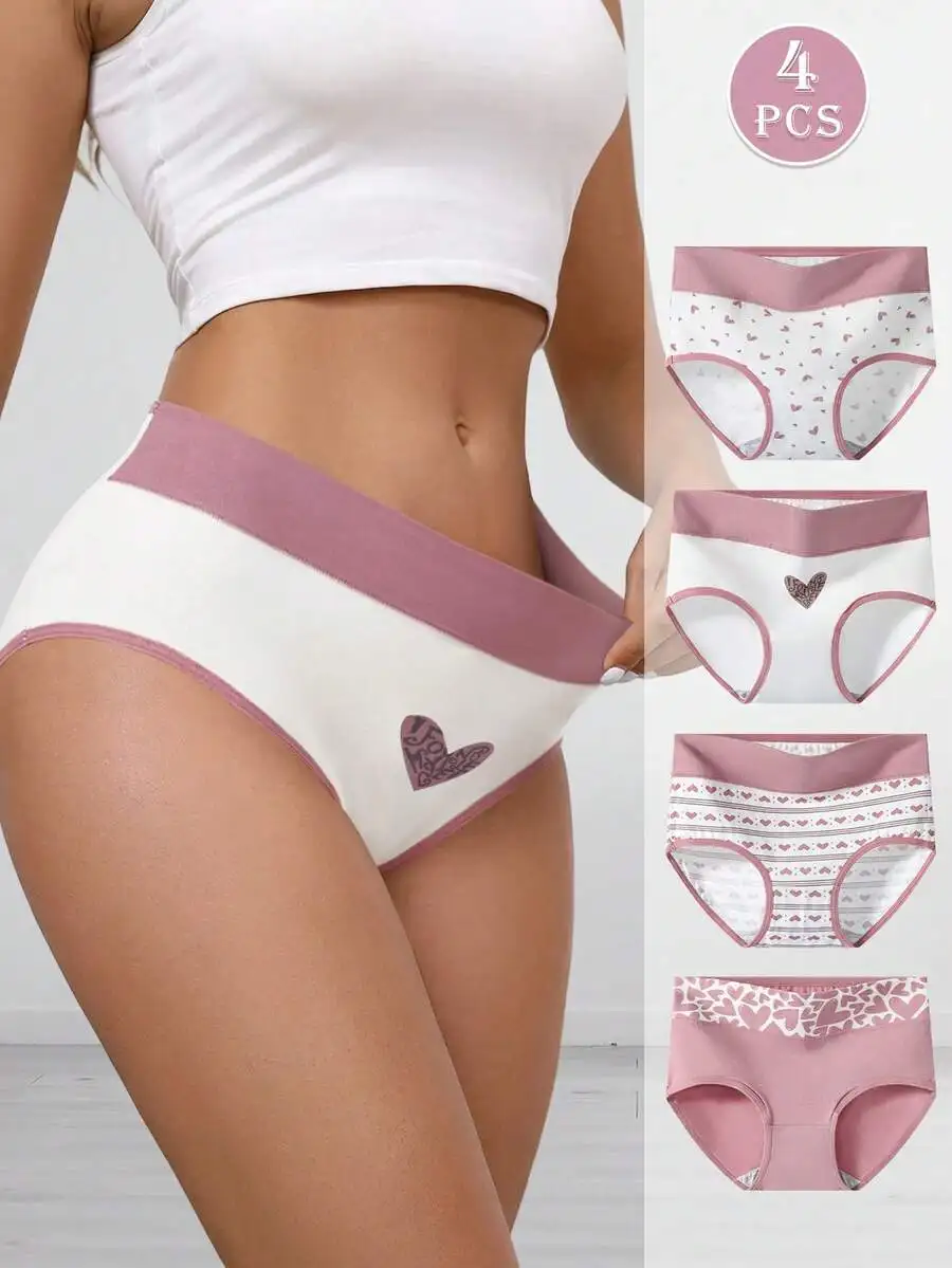 4-Pack Womens High-Waist Cotton Panties With Pink Heart Patterns Comfortable Elastic Waist Autumn Winter Underwear
4-Pack Womens High-Waist Cotton Panties With Pink Heart Patterns Comfortable Elastic Waist Autumn Winter Underwear