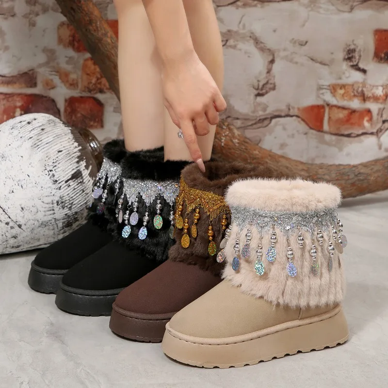 Fashion Sequins Tassels Snow Boots for Women 2025 Winter Slip On Mid Calf Boots Woman Warm Thick Plush Cotton Padded Shoes
Fashion Sequins Tassels Snow Boots for Women 2025 Winter Slip On Mid Calf Boots Woman Warm Thick Plush Cotton Padded Shoes
