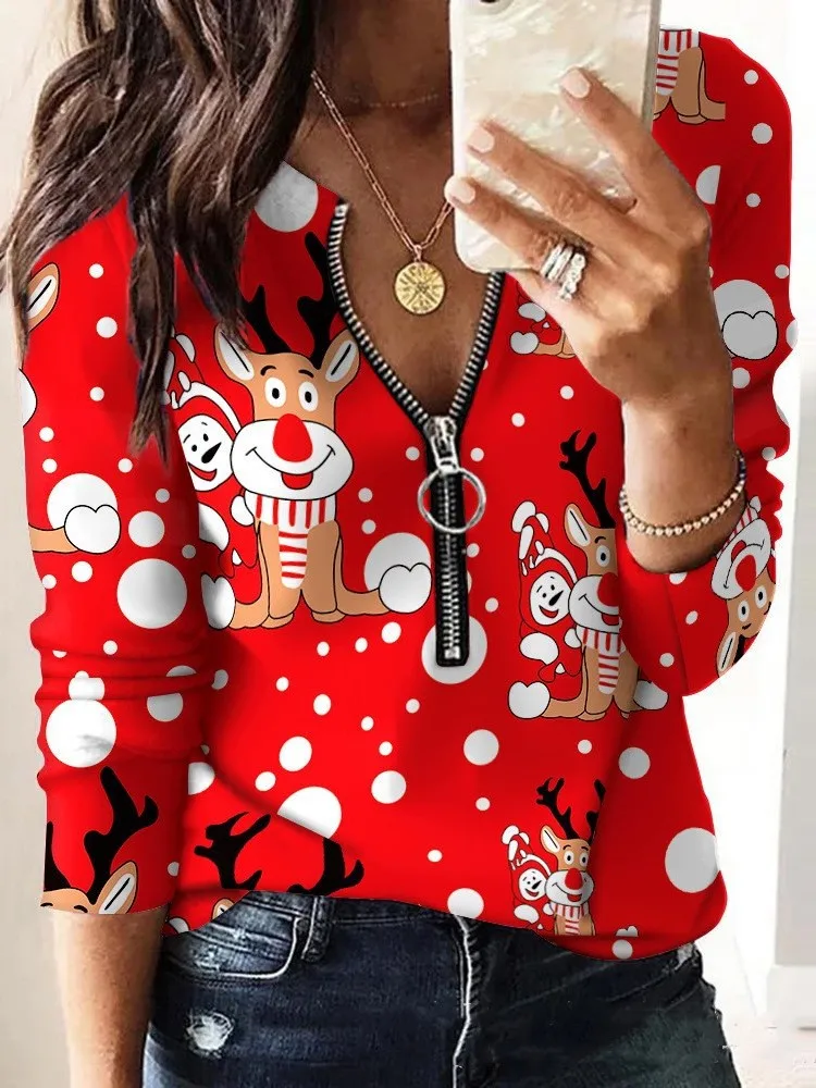 2023 Fashion Christmas Snowflake Printing Top Women's Autumn Winter V-neck With Zipper Long Sleeve Casual Tshirt Tops Female
2023 Fashion Christmas Snowflake Printing Top Women's Autumn Winter V-neck With Zipper Long Sleeve Casual Tshirt Tops Female