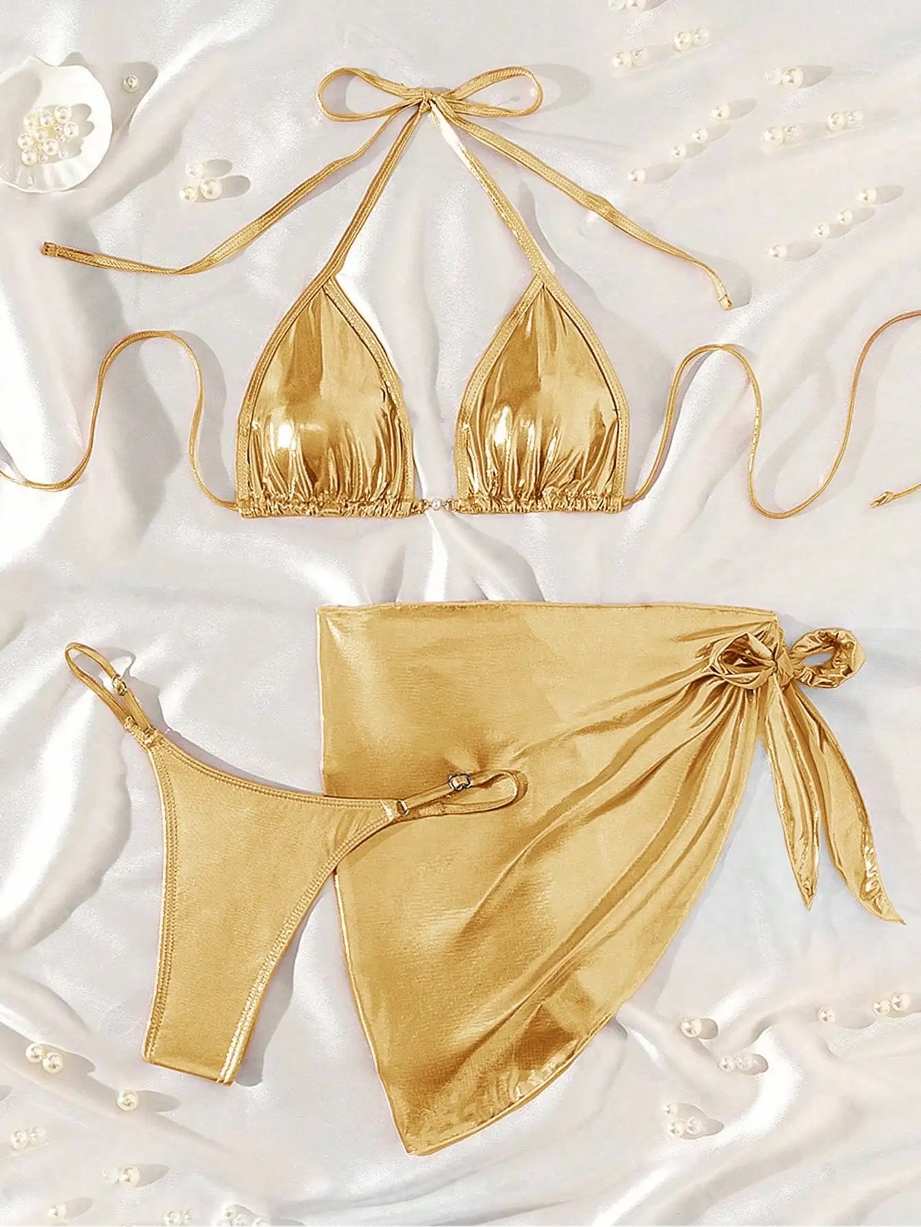 Metallic Gold Halter Triangle Bikini Set With Wrap Skirt Cover Up For Beach Summer
Metallic Gold Halter Triangle Bikini Set With Wrap Skirt Cover Up For Beach Summer