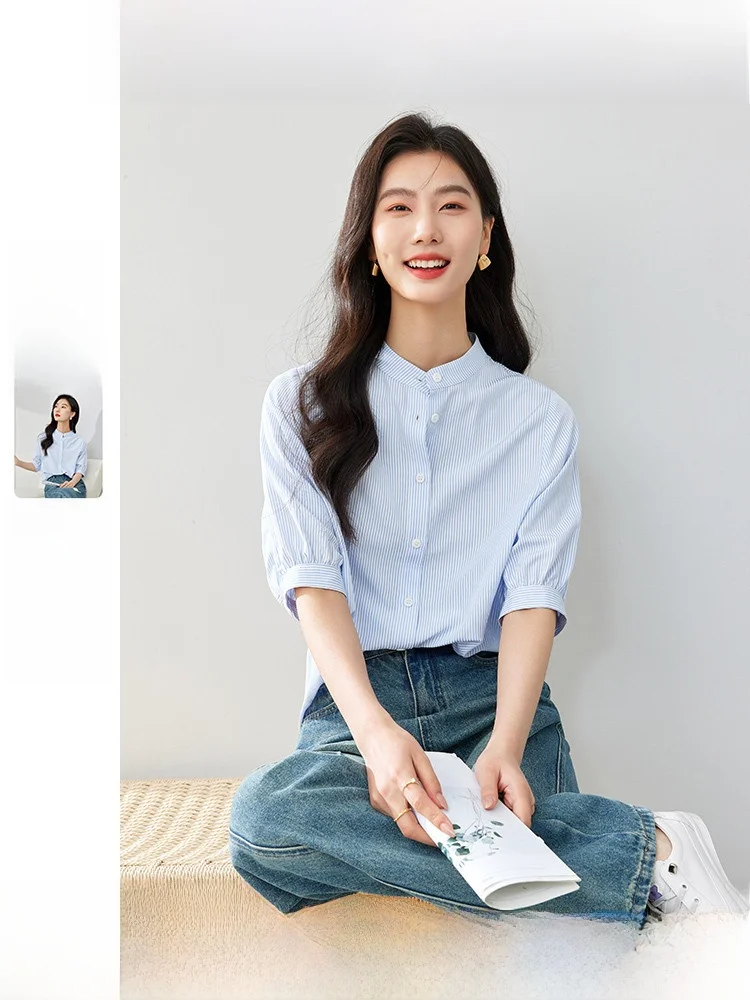 Slimming Effect Blue White Stripes Women's Shirt Short Sleeve Stand Collar French Style Loose Fit Button up Top
Slimming Effect Blue White Stripes Women's Shirt Short Sleeve Stand Collar French Style Loose Fit Button up Top