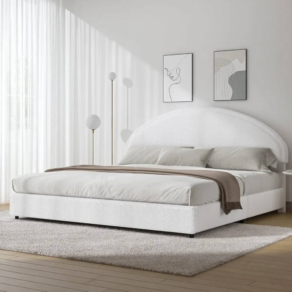 King Size Bed Frame, Boucle Upholstered Platform Bed Frame with Headboard, Modern Style, Soft Arch Shaped Round Headboard
King Size Bed Frame, Boucle Upholstered Platform Bed Frame with Headboard, Modern Style, Soft Arch Shaped Round Headboard