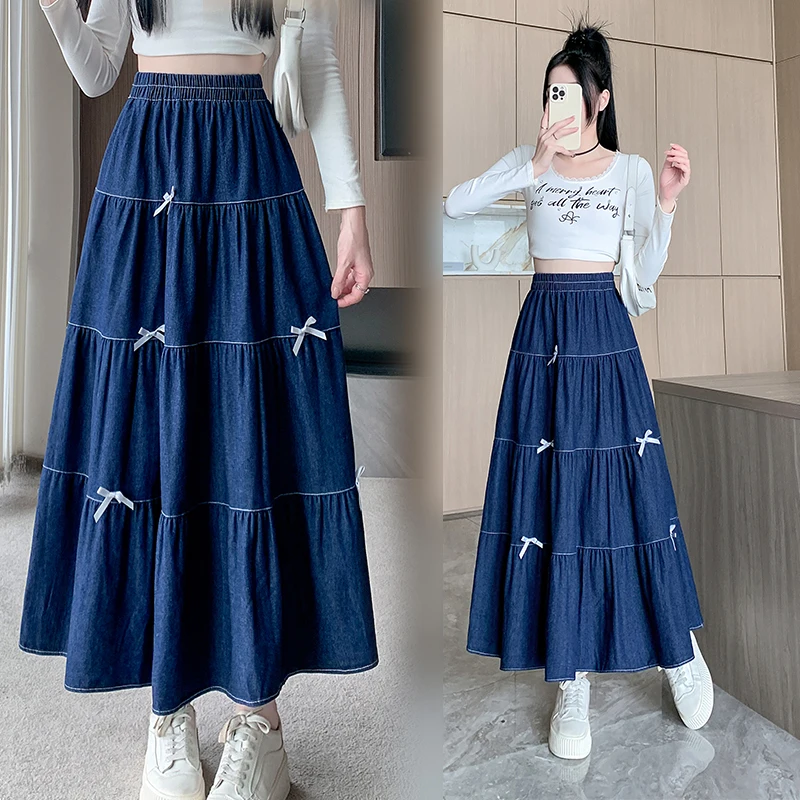 Dark Blue Denim Skirt Women Elastic High Waist Bow Big Swing Long Skirt Spring Summer Sweet A-Line Jean Skirt
Dark Blue Denim Skirt Women Elastic High Waist Bow Big Swing Long Skirt Spring Summer Sweet A-Line Jean Skirt