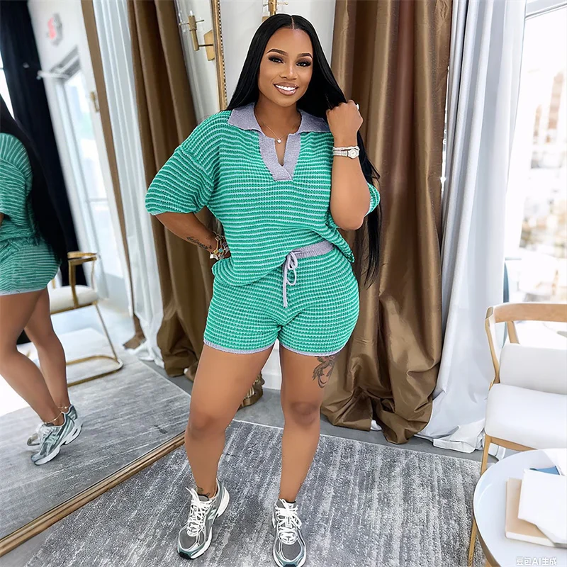 Doyerl Striped Shorts Sets Women 2 Piece Outfit Set Sportwear Running Turn-down Collar Knit Top and Shorts Casual Traksuit Gym 
Doyerl Striped Shorts Sets Women 2 Piece Outfit Set Sportwear Running Turn-down Collar Knit Top and Shorts Casual Traksuit Gym
