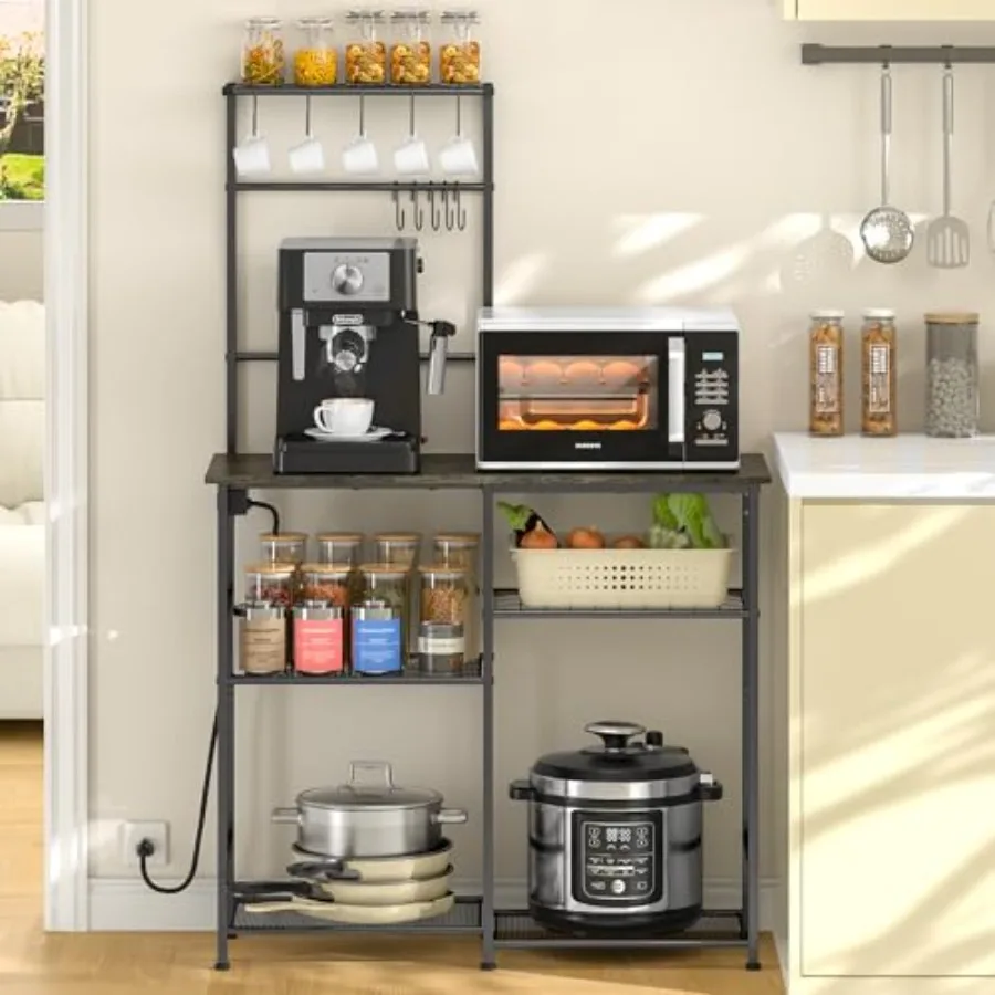 Bakers Rack with Power Outlet, Kitchen Microwave Stand with 10 S-shaped Hooks, 6-Tier Coffee Bar Station, Kitchen Storage Shelf
Bakers Rack with Power Outlet, Kitchen Microwave Stand with 10 S-shaped Hooks, 6-Tier Coffee Bar Station, Kitchen Storage Shelf