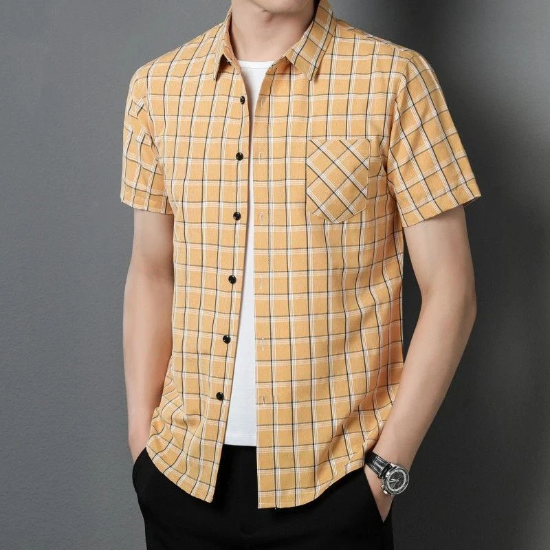Men Yellow Plaid Short Sleeve Shirt Casual Turn Down Collar Button Up Blouse With Chest Pocket
Men Yellow Plaid Short Sleeve Shirt Casual Turn Down Collar Button Up Blouse With Chest Pocket