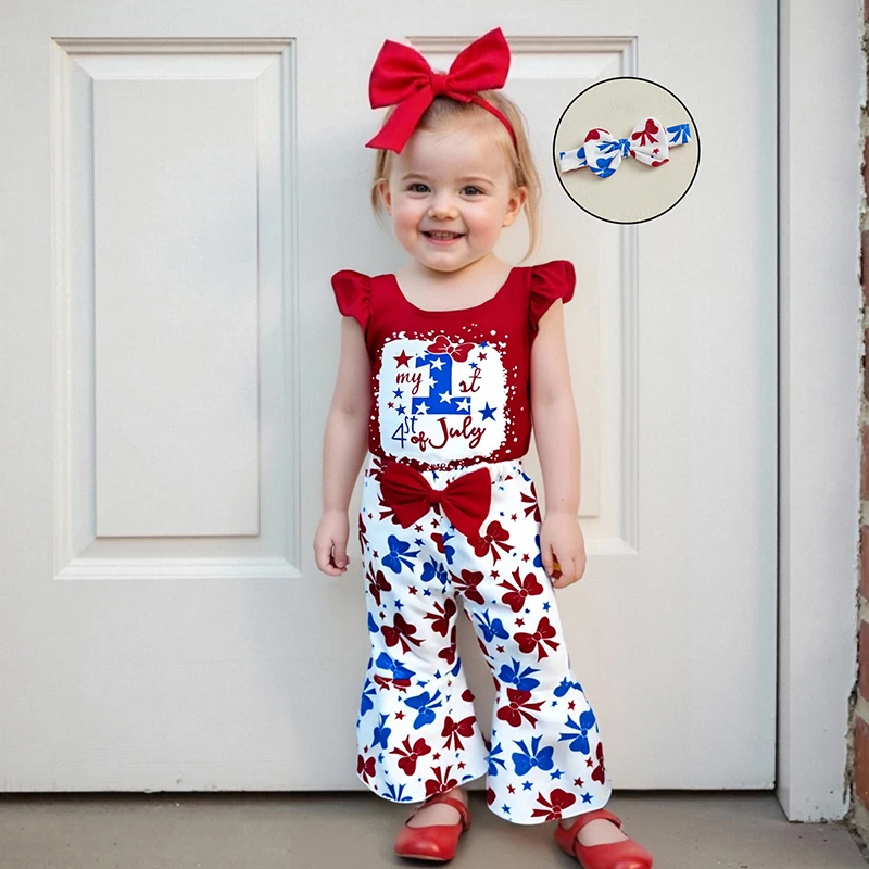 Baby Clothing Girl 4th of July Outfit Print Ruffled Flying Sleeve Romper Bell Bottoms and Bow Headband 3 Pcs Set
Baby Clothing Girl 4th of July Outfit Print Ruffled Flying Sleeve Romper Bell Bottoms and Bow Headband 3 Pcs Set