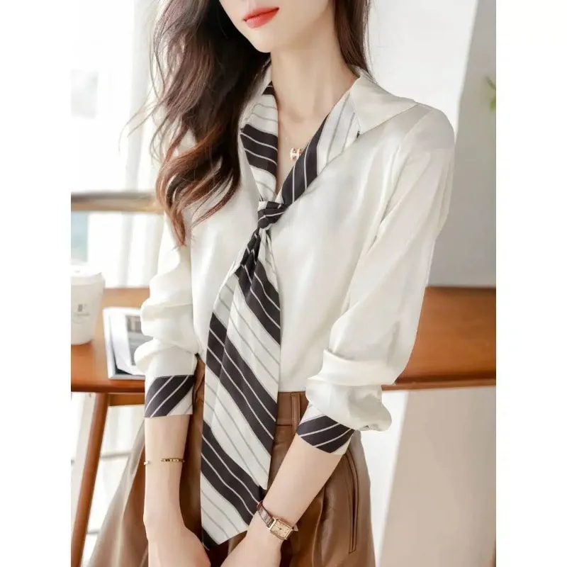 Women's Spring Fall Graceful Tie Long Sleeve Shirts 2025 New Office Lady Fashion Patchwork Stripe Blouse White Tops Female
Women's Spring Fall Graceful Tie Long Sleeve Shirts 2025 New Office Lady Fashion Patchwork Stripe Blouse White Tops Female