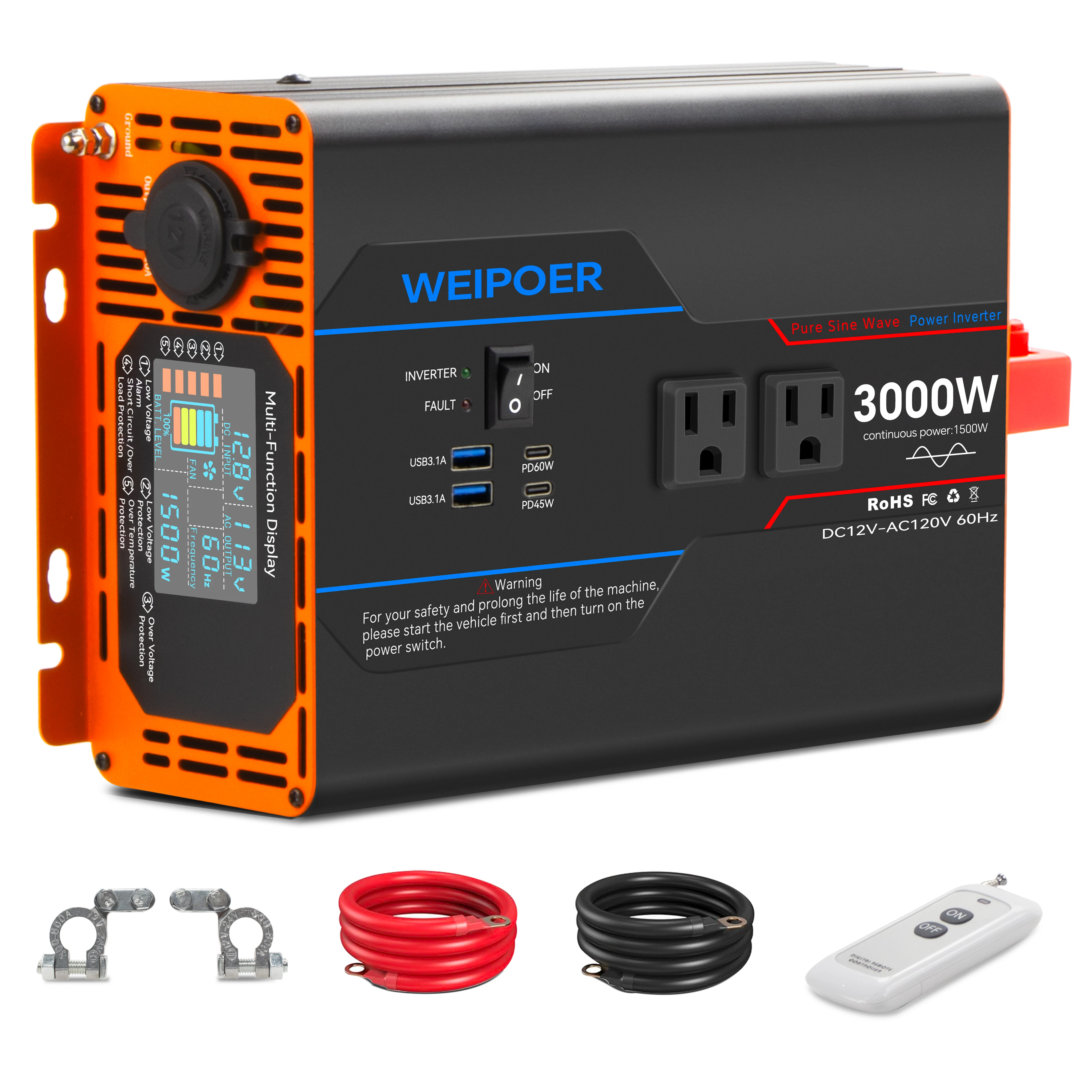 Pure Sine Wave Inverter DC 12V/24V to AC 120V 3000-6000W 60hz Power for Car RV – Power Converter with USB, AC Outlets
Pure Sine Wave Inverter DC 12V/24V to AC 120V 3000-6000W 60hz Power for Car RV – Power Converter with USB, AC Outlets