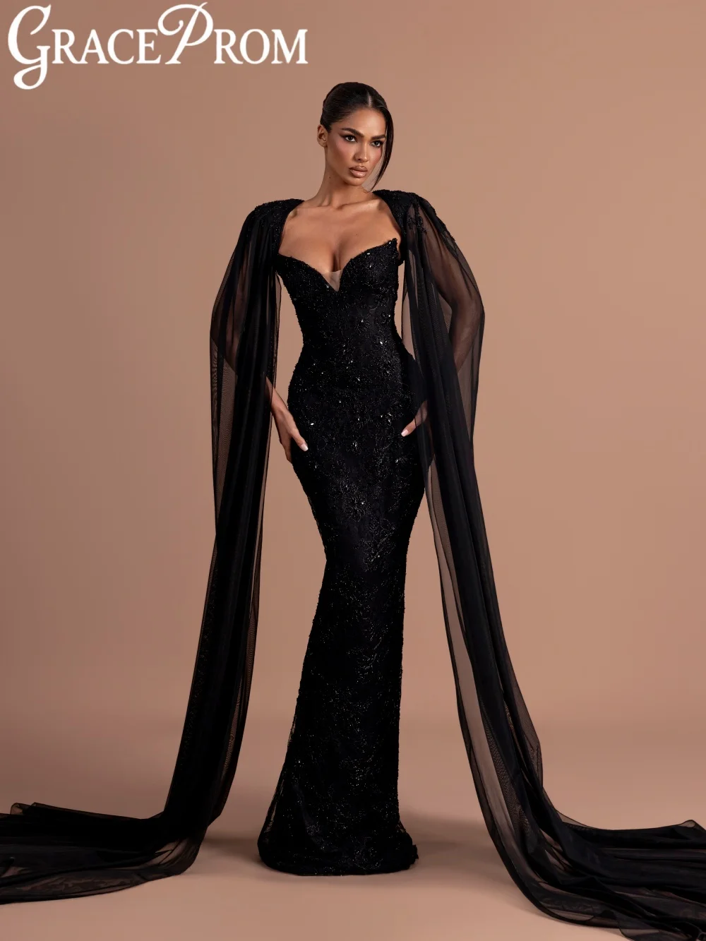 Black Beaded Lace Evening Dress Elegant Vneck Cape Sleeve Wedding Party Gowns New Customized Luxury Crystal Banquet Gowns
Black Beaded Lace Evening Dress Elegant Vneck Cape Sleeve Wedding Party Gowns New Customized Luxury Crystal Banquet Gowns
