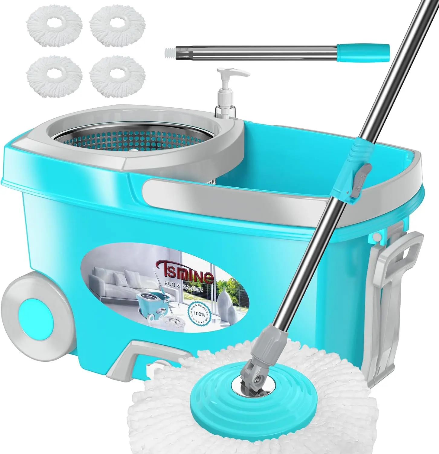360 Spinning Mop and Bucket Set with Wringer, 61" Handle, 4 Microfiber Heads, 2 Wheels for Home Floor Cleaning - Blue
360 Spinning Mop and Bucket Set with Wringer, 61" Handle, 4 Microfiber Heads, 2 Wheels for Home Floor Cleaning - Blue
